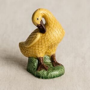 Antique Majolica Yellow Preening Duck Figurine | Late 19th–Early 20th Century
